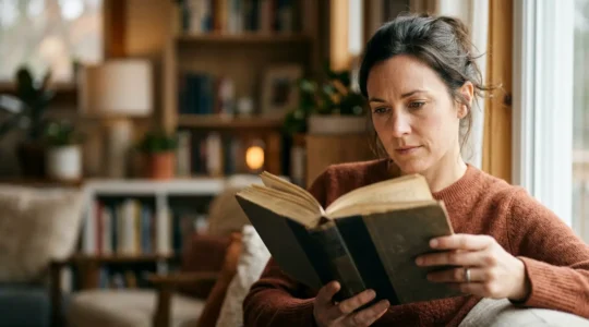 A person deeply immersed in reading a book, with natural contemplative expression showing emotional engagement
