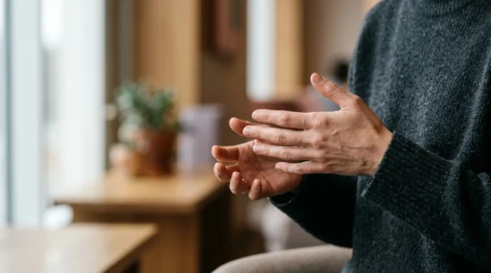 Close-up of hands in gentle motion during a brief mindfulness moment, emphasizing accessibility for restless minds