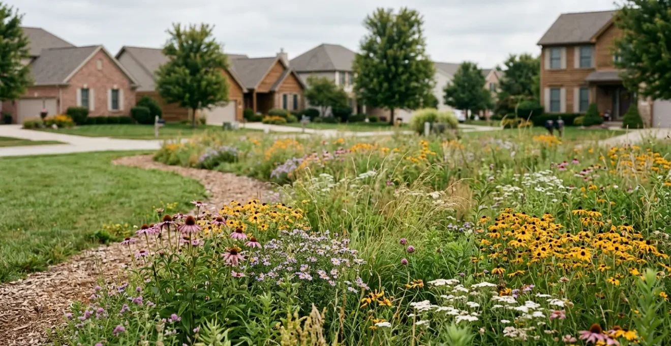 Natural meadow-style lawn with diverse native wildflowers and grasses supporting local wildlife in suburban setting