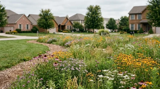 Natural meadow-style lawn with diverse native wildflowers and grasses supporting local wildlife in suburban setting