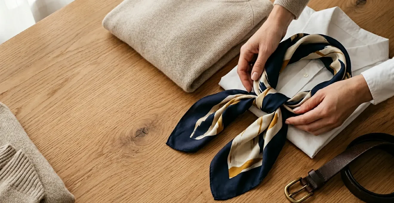 Hands arranging classic wardrobe pieces on a minimalist surface with natural lighting