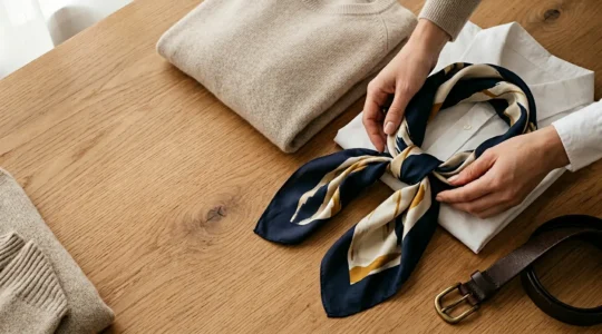 Hands arranging classic wardrobe pieces on a minimalist surface with natural lighting