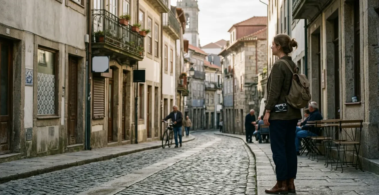 Traveler observing authentic local life in a quiet second city neighborhood away from tourist crowds
