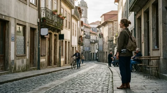 Traveler observing authentic local life in a quiet second city neighborhood away from tourist crowds