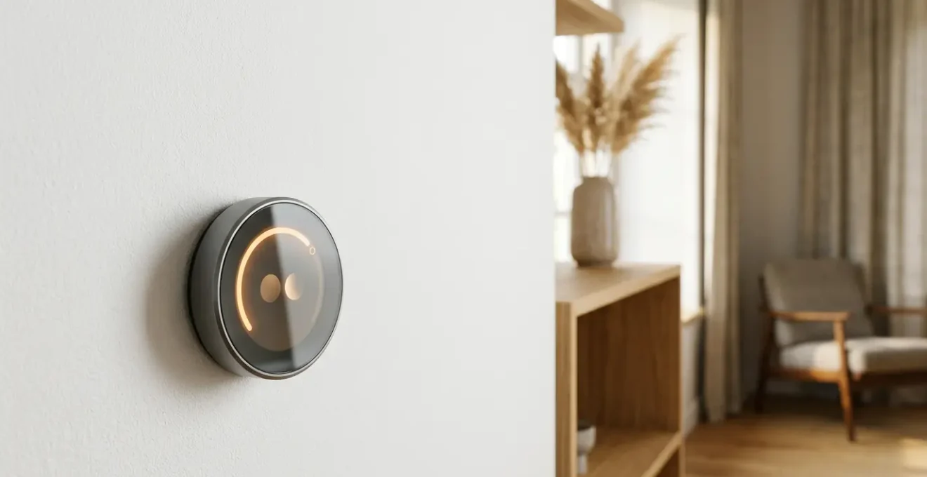 Modern smart thermostat mounted on clean wall showing temperature display in minimalist home interior