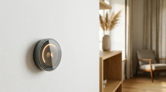 Modern smart thermostat mounted on clean wall showing temperature display in minimalist home interior