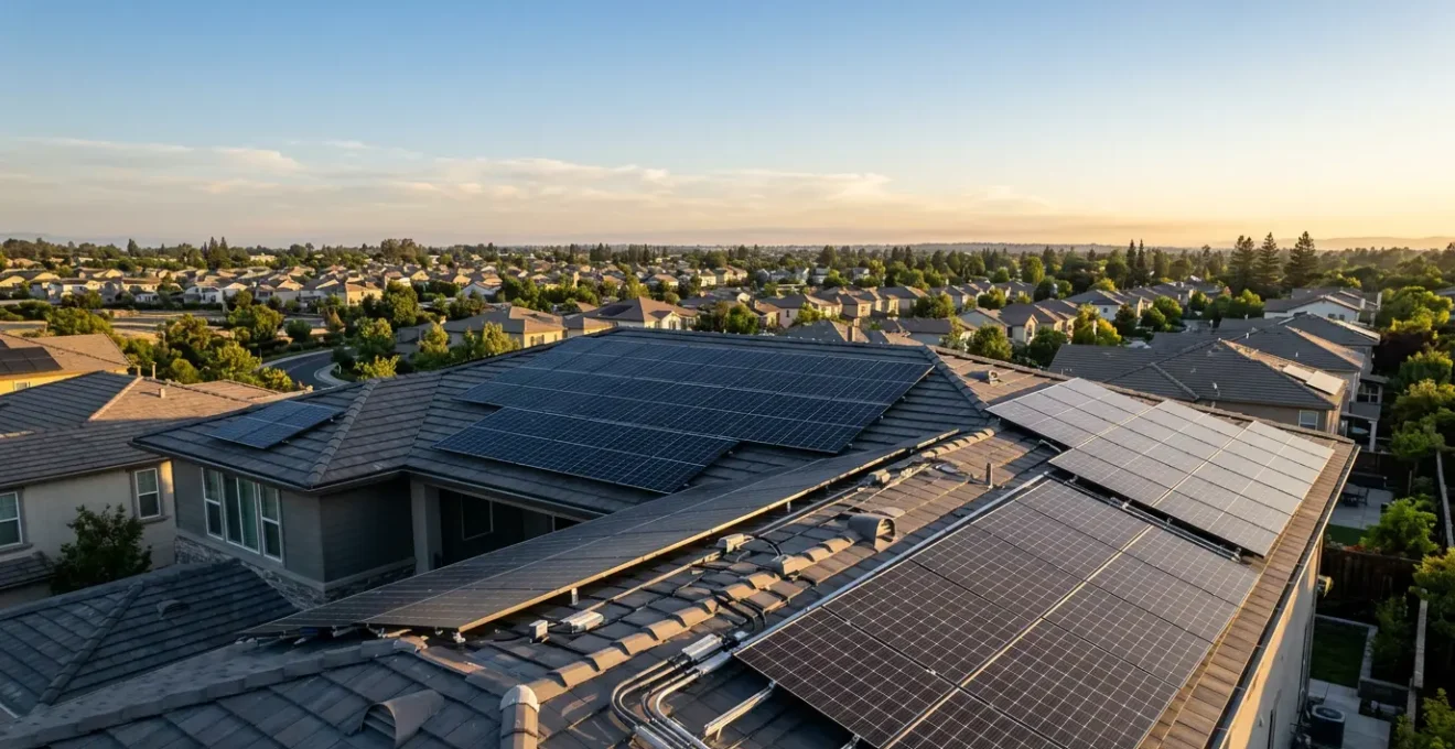 Detailed view of solar panels installation on residential rooftop with technical measurement overlay showing energy production data