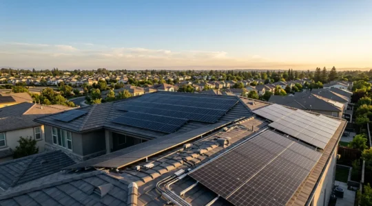 Detailed view of solar panels installation on residential rooftop with technical measurement overlay showing energy production data