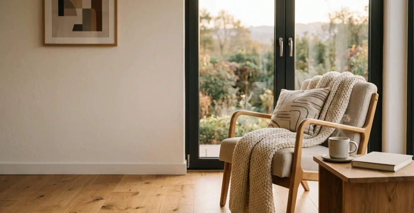 Modern home interior showcasing energy-efficient winter heating strategies with visible warmth and comfort