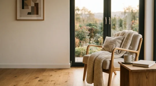 Modern home interior showcasing energy-efficient winter heating strategies with visible warmth and comfort