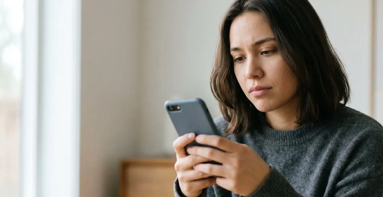 Person looking at a smartphone with a thoughtful, slightly concerned expression in natural indoor lighting