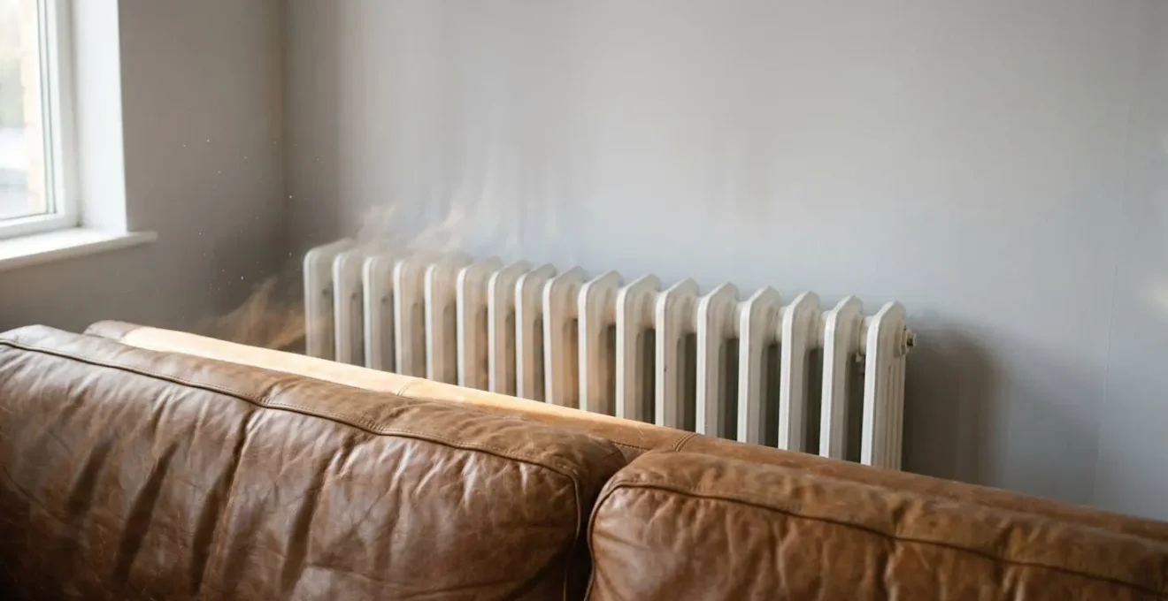 A sofa placed too close to a wall radiator, obstructing the natural flow of warm air and creating a heat trap.