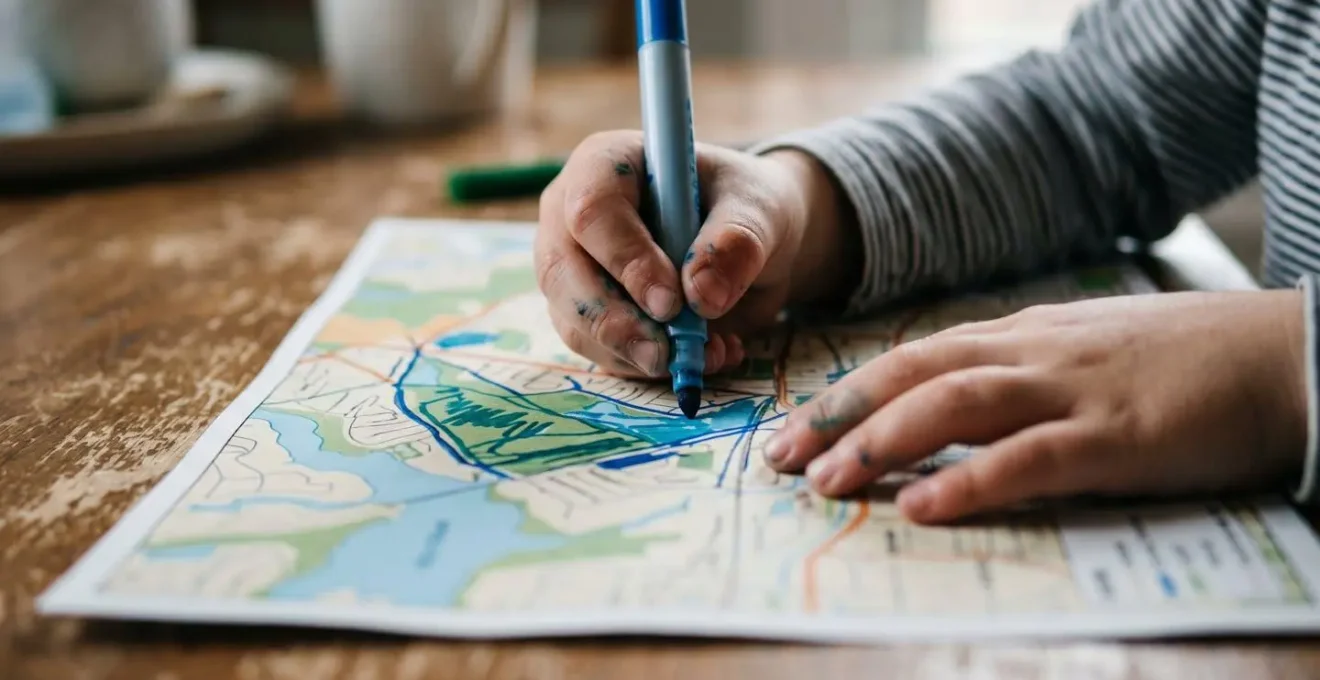 Child's hands drawing protective solutions on a neighborhood map with colorful markers