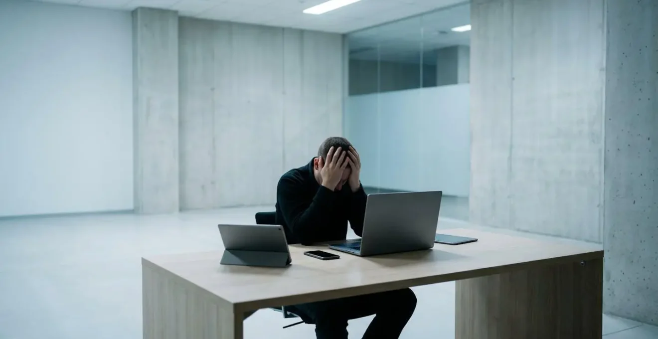 Visual representation of digital communication overload showing a single person at a desk overwhelmed by devices.
