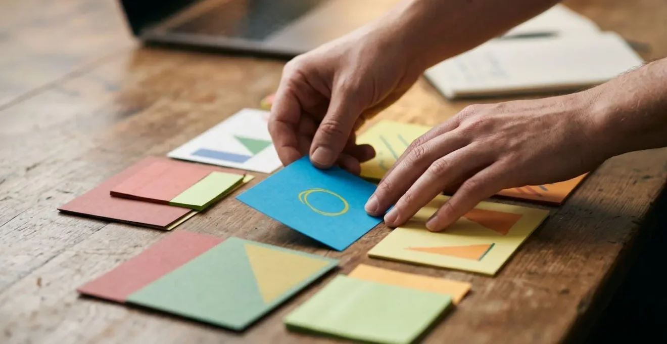 Close-up of hands organizing service components into structured digital product templates