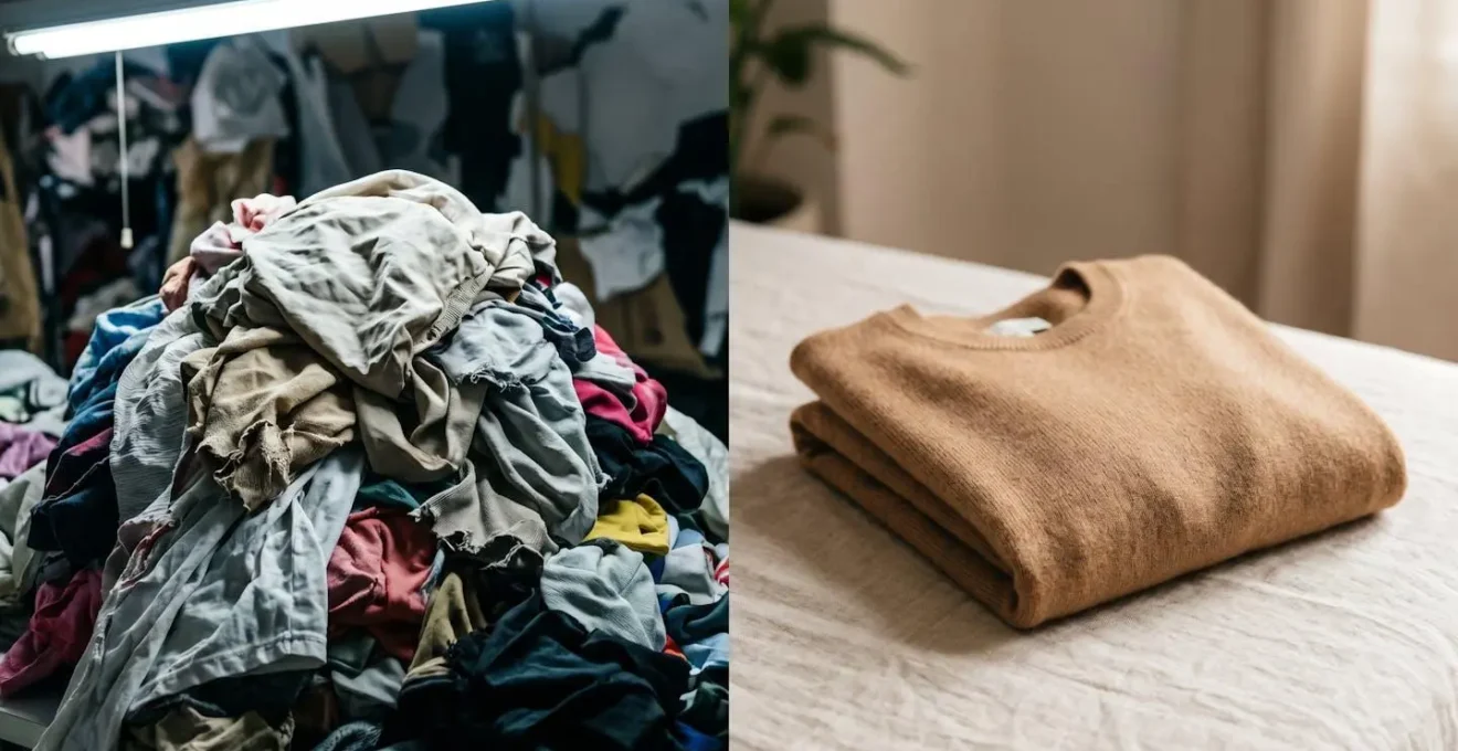 Contrast composition showing cluttered fast fashion items versus minimal quality pieces