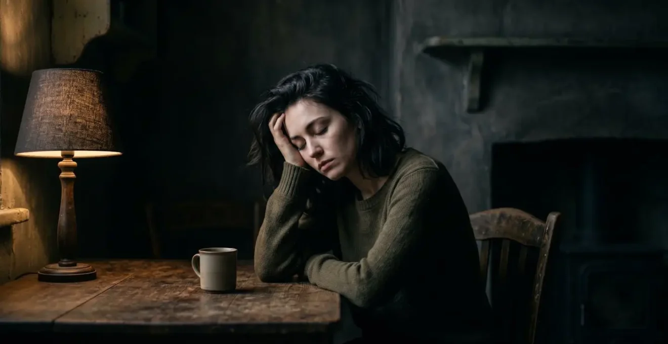 A person in a contemplative, emotionally drained state, captured in moody lighting that conveys the weight of social exhaustion