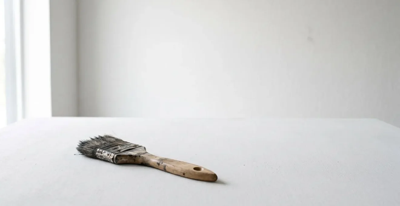 Wide environmental shot of minimalist corner with single paintbrush resting on white surface bathed in clean morning light with vast negative space