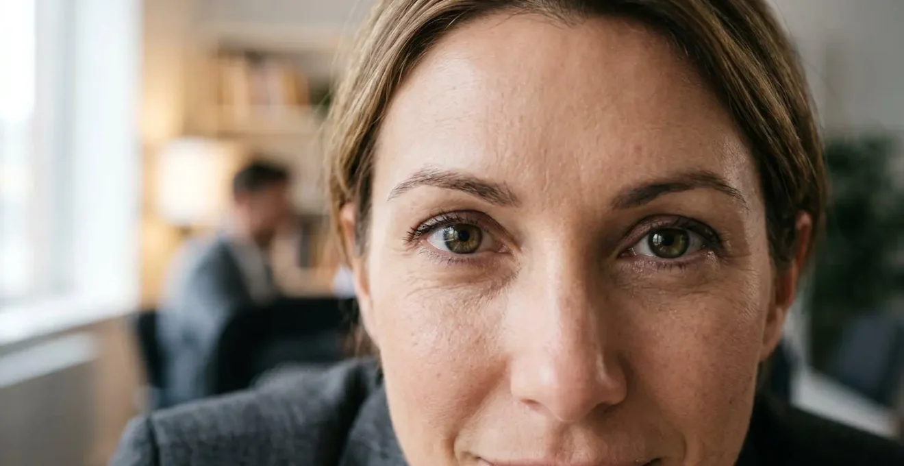Close portrait capturing genuine eye contact and subtle facial micro-expressions during professional interaction