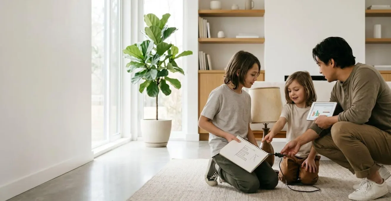 Parent and children examining household items together with notebook showing savings calculations