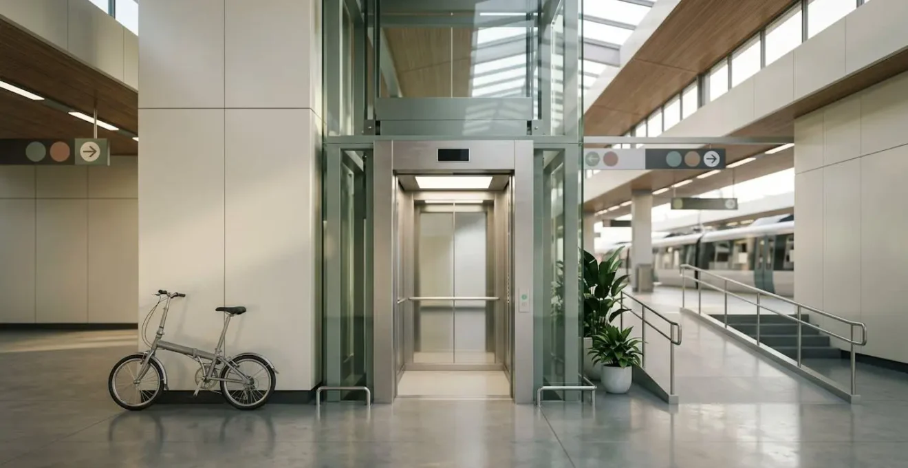 Wide-angle view of modern train station elevator entrance with foldable bicycle leaning against wall during morning light