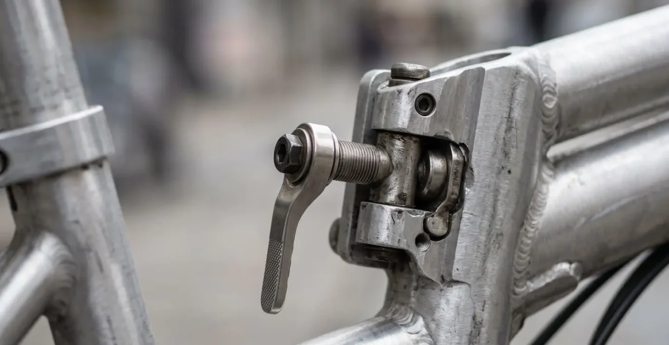Close-up of folding mechanism on compact urban bicycle showing engineering detail and portability
