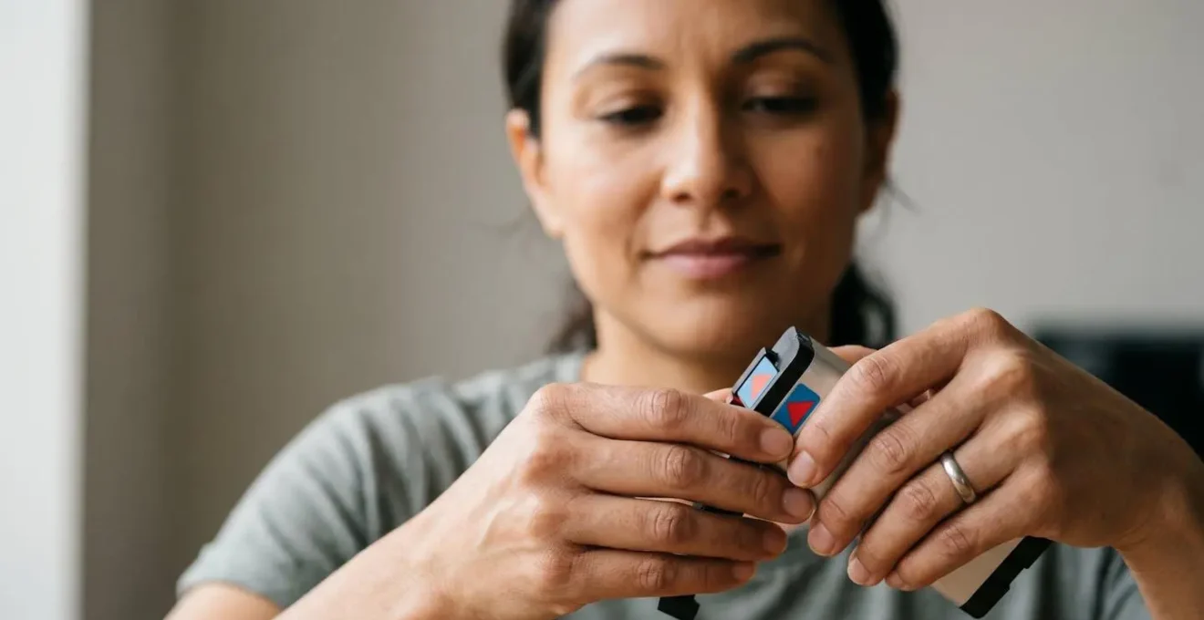 Human hands carefully examining a modular battery component with natural lighting and authentic emotion