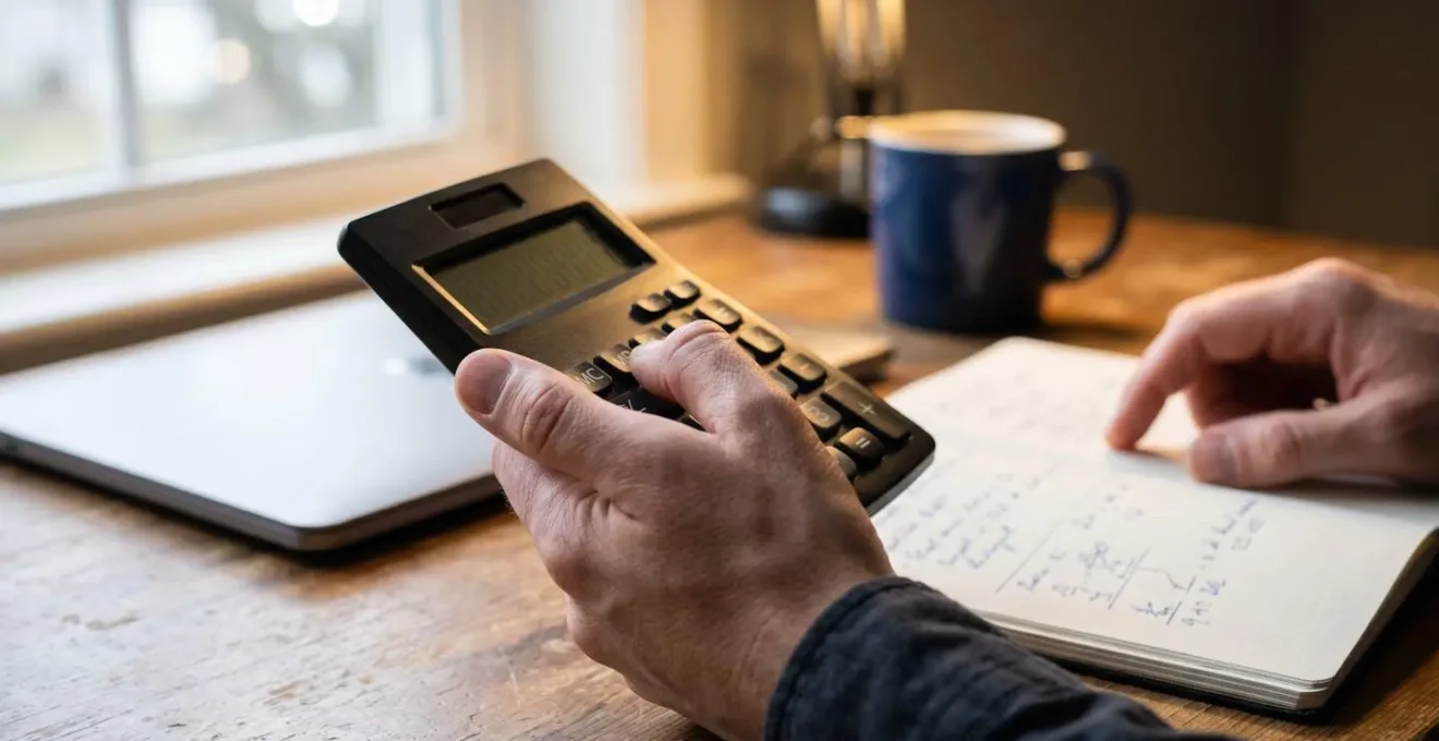 Close-up of hands holding calculator and notebook with commute cost calculations on wooden desk with coffee cup