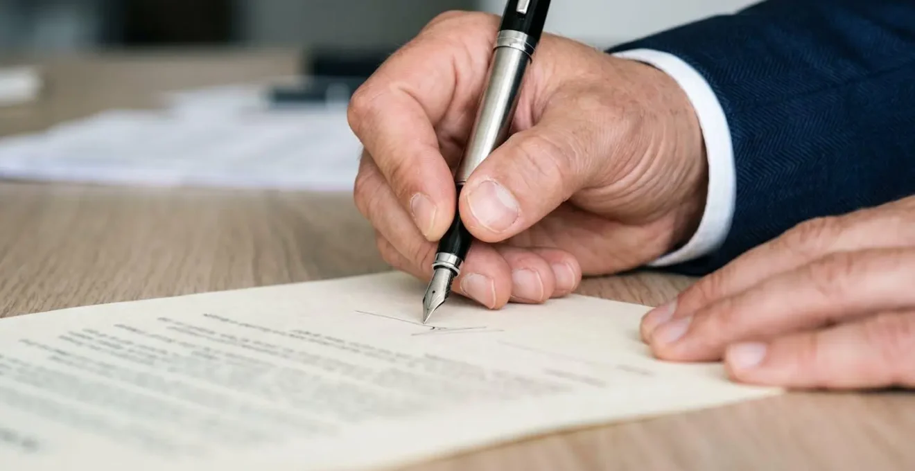 Close-up of hands signing a partnership agreement document with a pen
