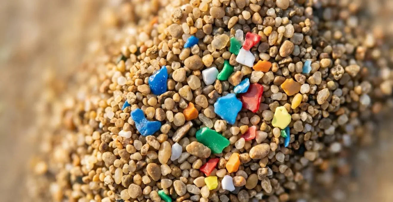 Macro view of colorful microplastic fragments mixed with natural beach sand grains showing scale of pollution