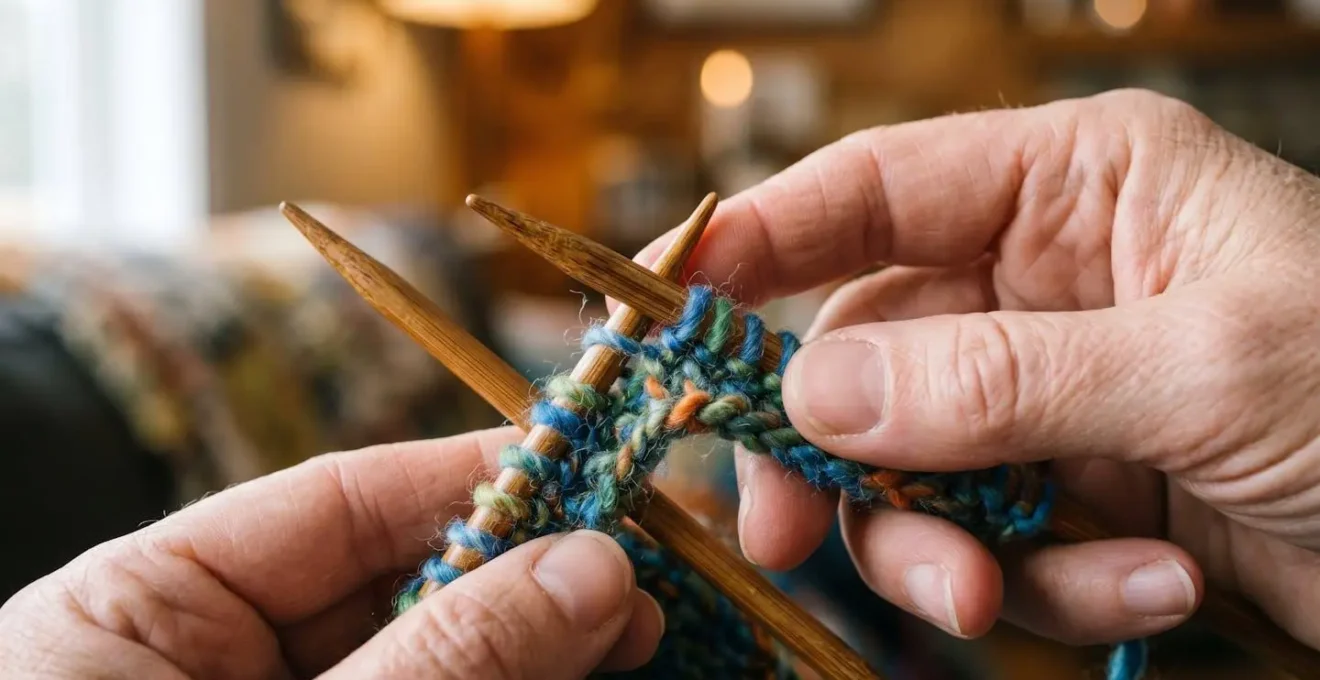 Extreme close-up of weathered hands holding colorful knitting needles with soft yarn fibers creating gentle texture in golden hour light
