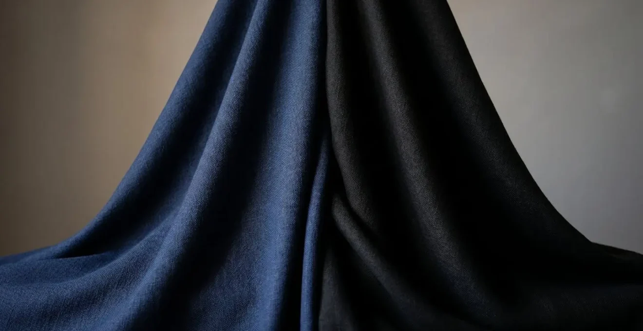 Symbolic composition contrasting navy blue and black fabrics showing color psychology in professional contexts