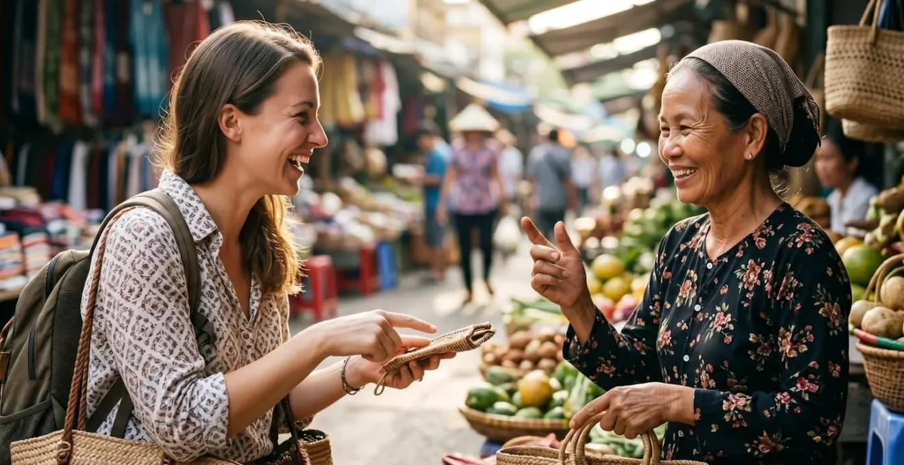 Traveler using gesture-based communication with local vendor in authentic neighborhood market