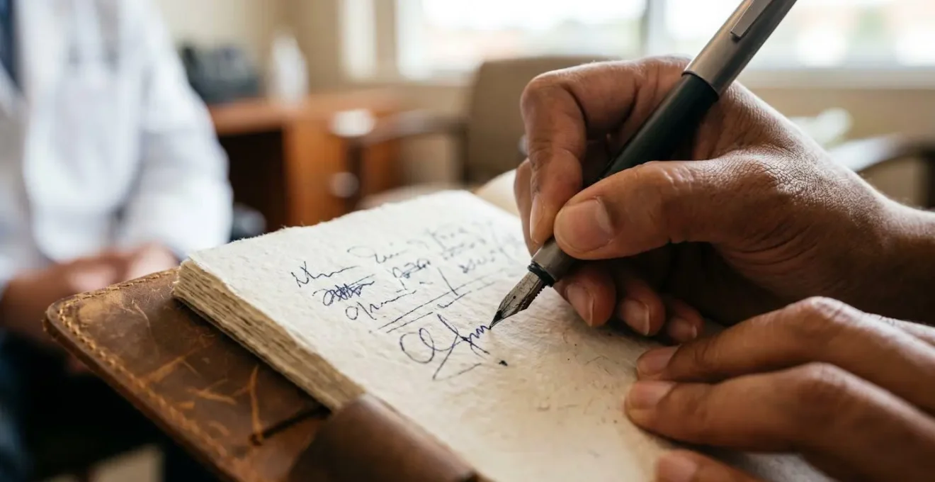 Close-up of patient's hands writing thoughtful questions in notebook during medical consultation