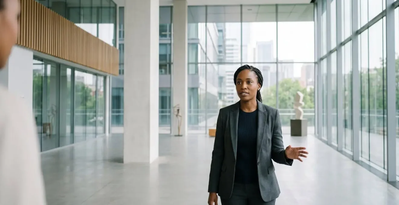 Professional woman demonstrating confident body language and commanding presence in minimalist corporate setting with intentional negative space
