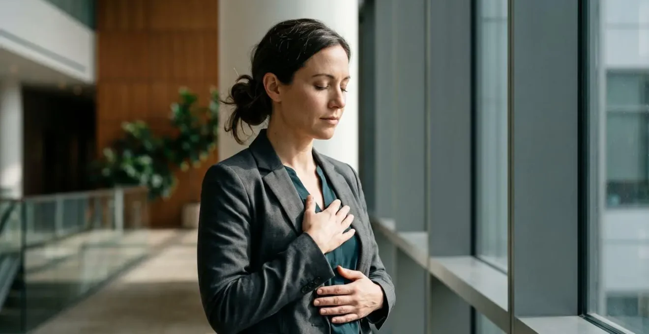 Professional practicing breathing technique before important presentation