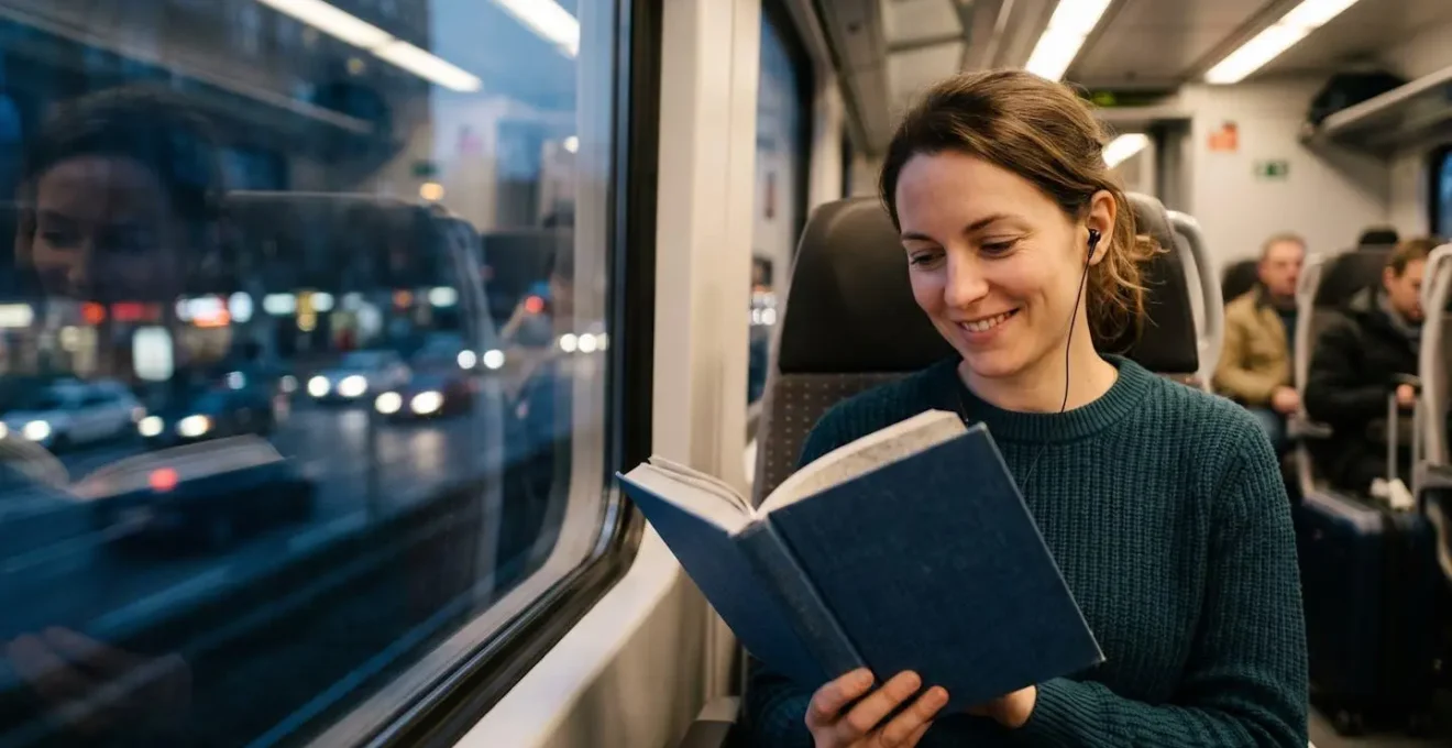 Commuter reading book on modern train during evening commute with warm cabin lighting