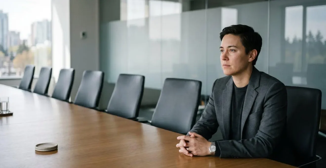 Solitary professional figure sitting alone in modern office space with empty chairs symbolizing workplace disconnection