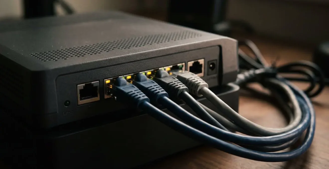 Detailed view of network router ports and cables showing secure home network infrastructure setup