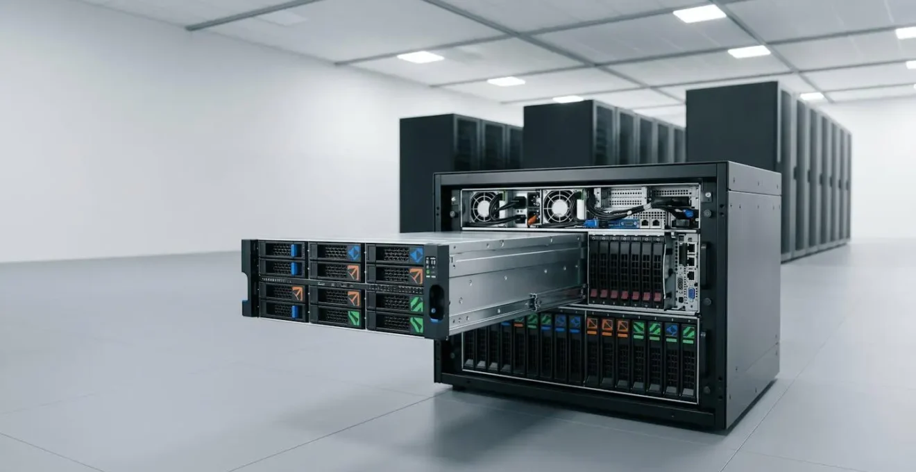 Wide environmental shot of server infrastructure showcasing modular design and accessibility for repair