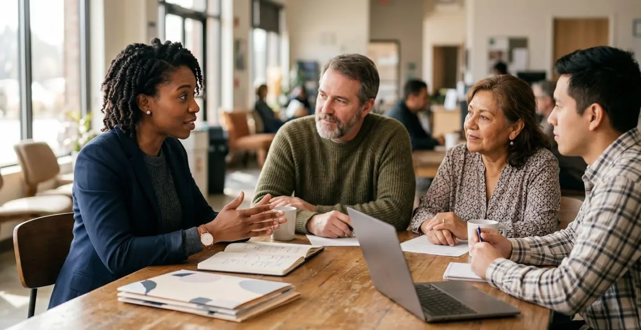 Professional employees using their expertise to help community members in collaborative setting