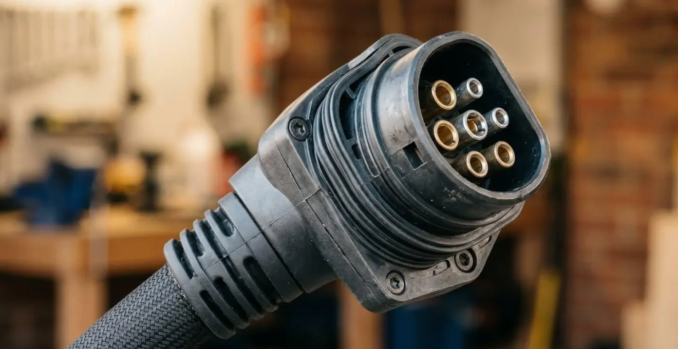 Close-up perspective of modern electric vehicle charging connector and cable detail showing technical precision and advanced engineering