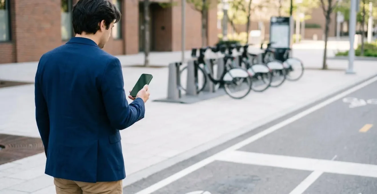 Hands checking bike availability on smartphone with urban bike station visible in soft background focus