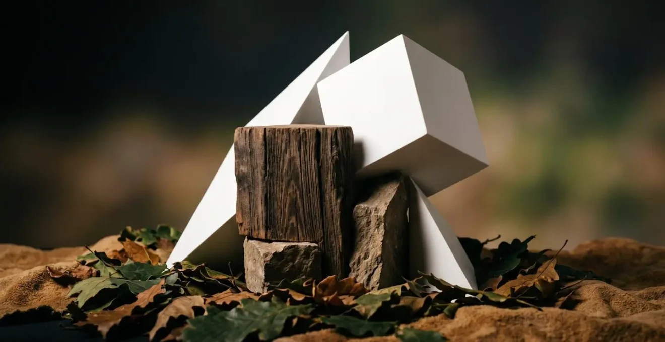 Symbolic representation of environmental impact through natural elements and minimal geometric forms