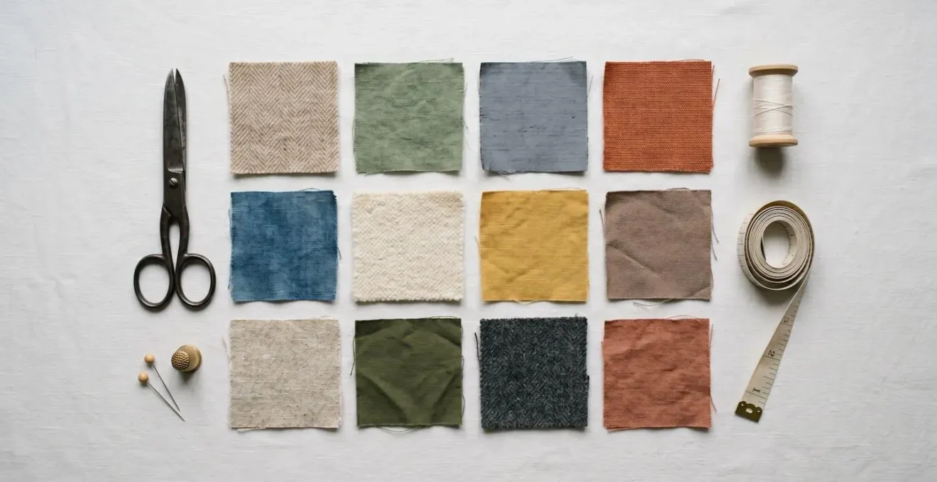 Minimalist flat lay of deconstructed vintage fabrics and upcycling tools on clean workspace