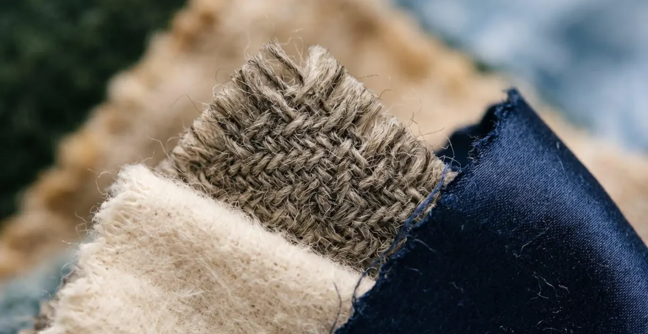Extreme close-up of natural fabric textures showing wool weave and cotton fibers