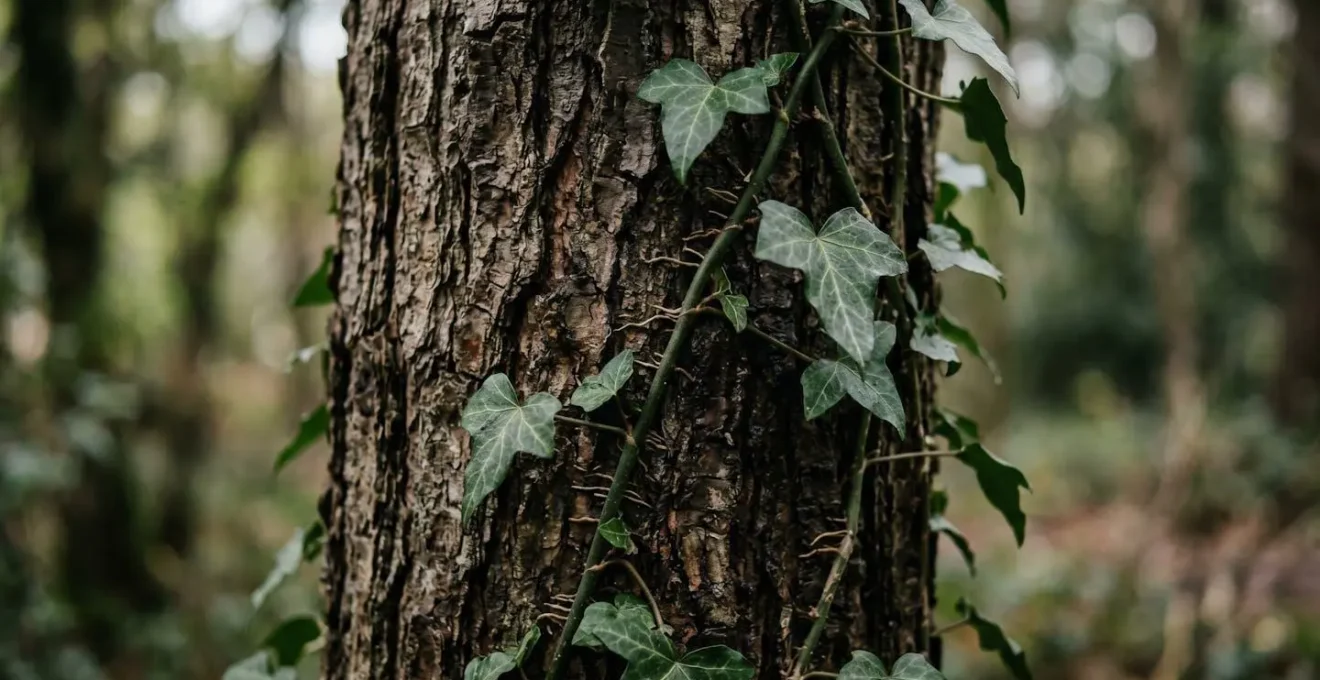Close-up of invasive vine tightly wrapping around tree bark showing constriction damage and moisture retention