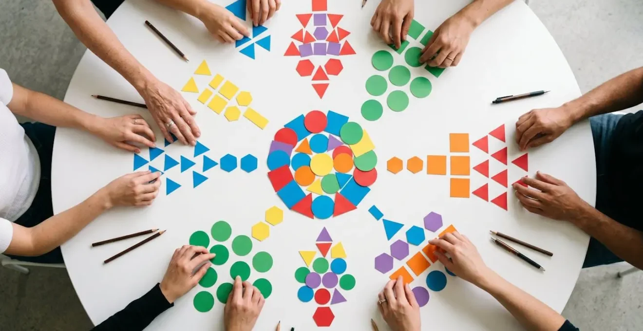 Facilitator guiding dynamic team brainstorming session with visual organization on a large table with colored shapes.