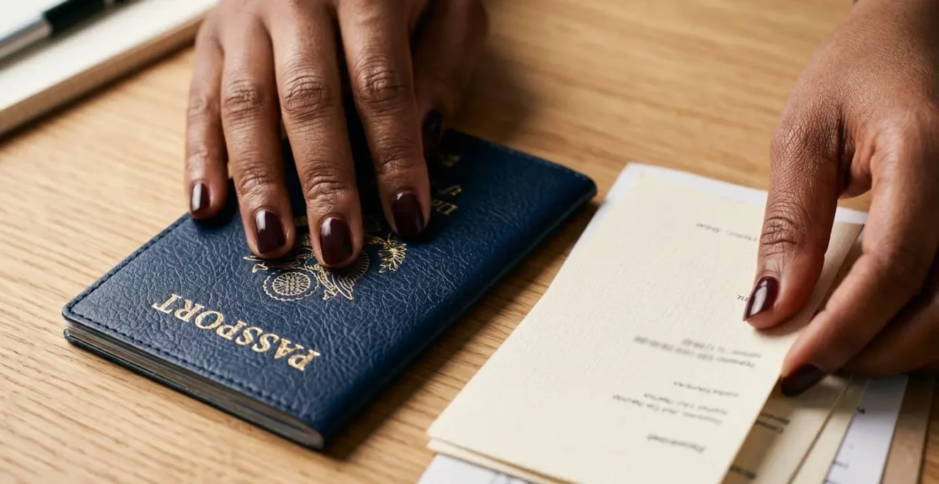 Close-up of hands organizing important travel documents and passport on minimalist desk surface