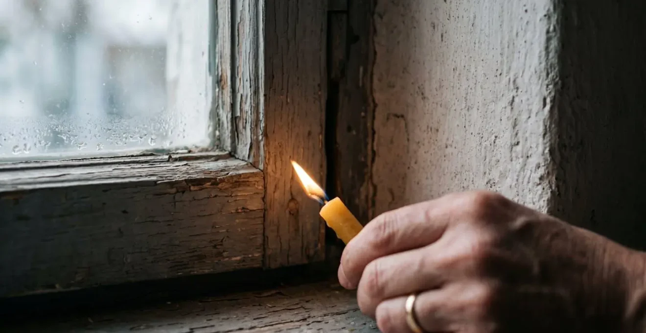 Close-up of a hand holding a flickering candle near a window frame to detect a draft.